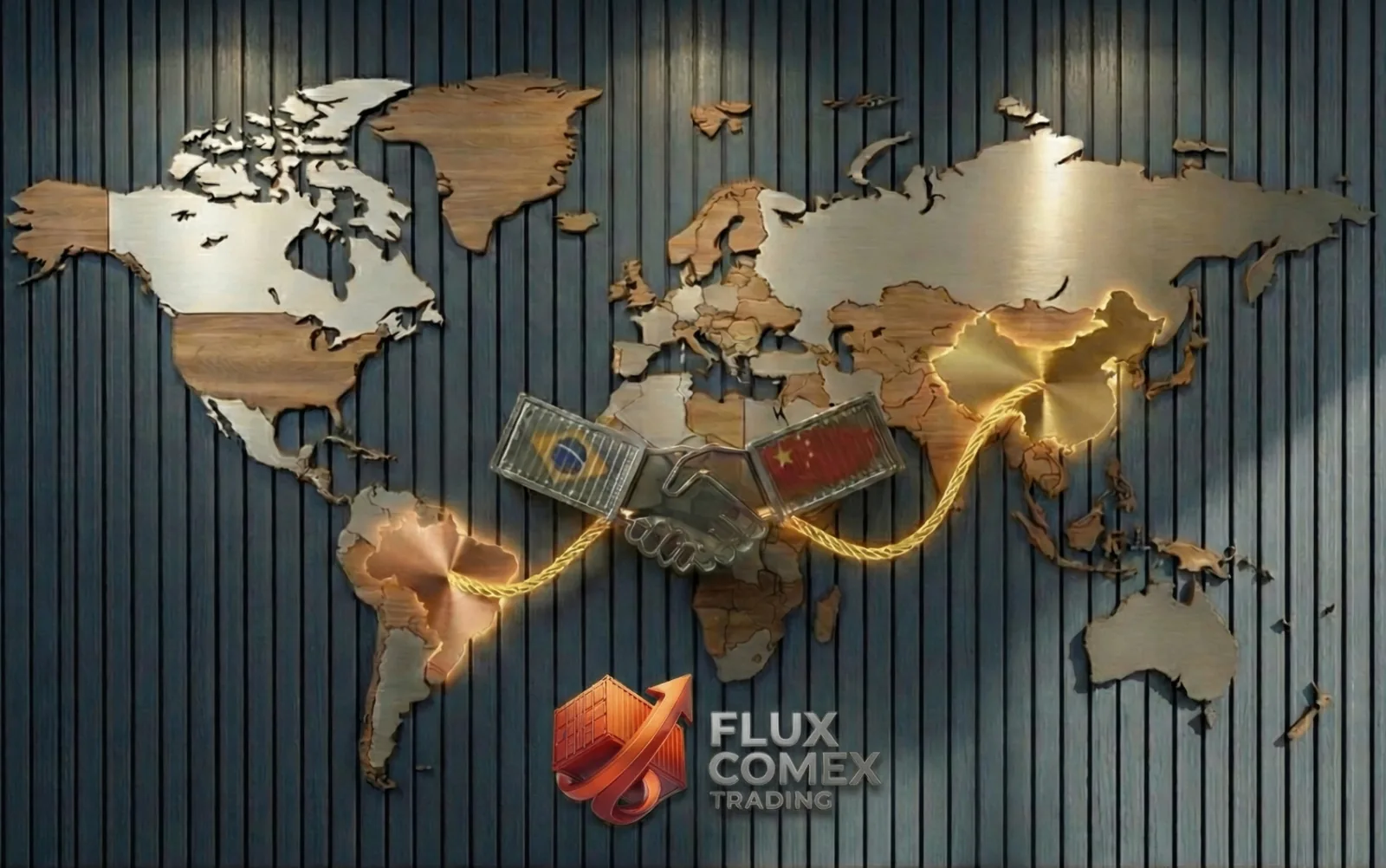 Mapa global com conexões Brasil-China - Flux Comex