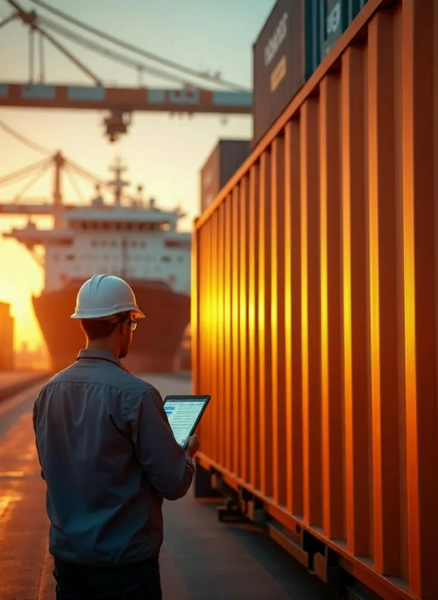 Inspetor de qualidade verificando container com logo Flux Comex em porto ao amanhecer