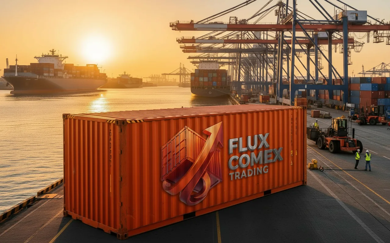 Porto de containers com navio cargueiro ao pôr do sol - operação de comércio exterior