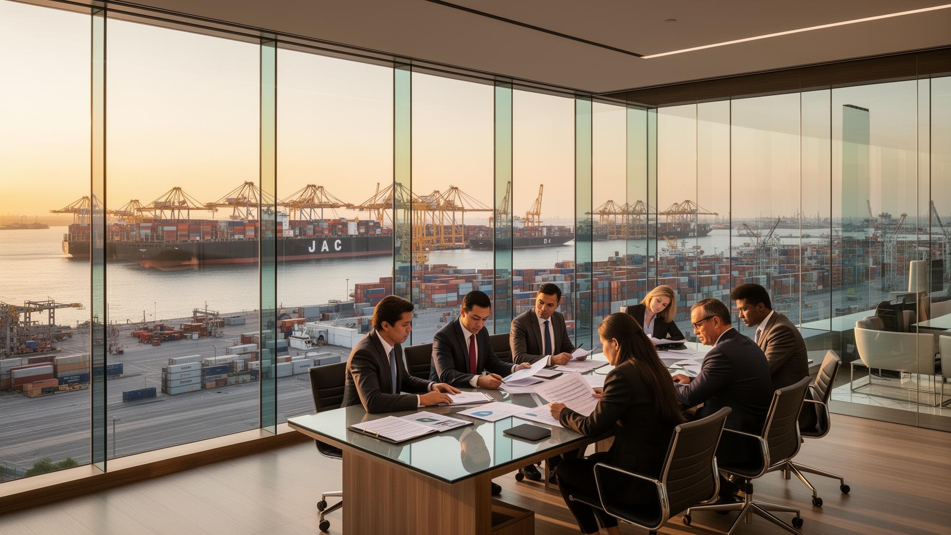 Escritório corporativo com vista para porto - ambiente profissional de negócios internacionais